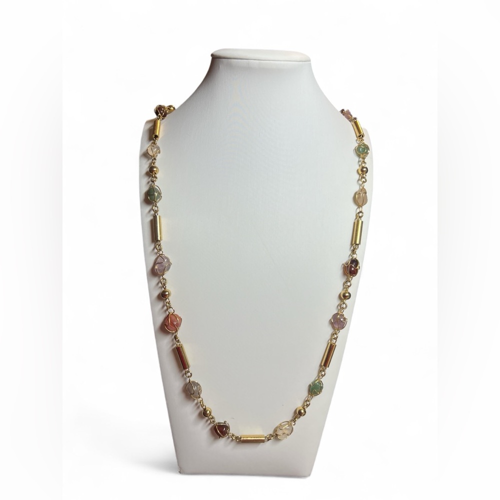 Vintage Caged Barrel Semi Precious Stone Bead Necklace Artisan Chakra Gold Toned
